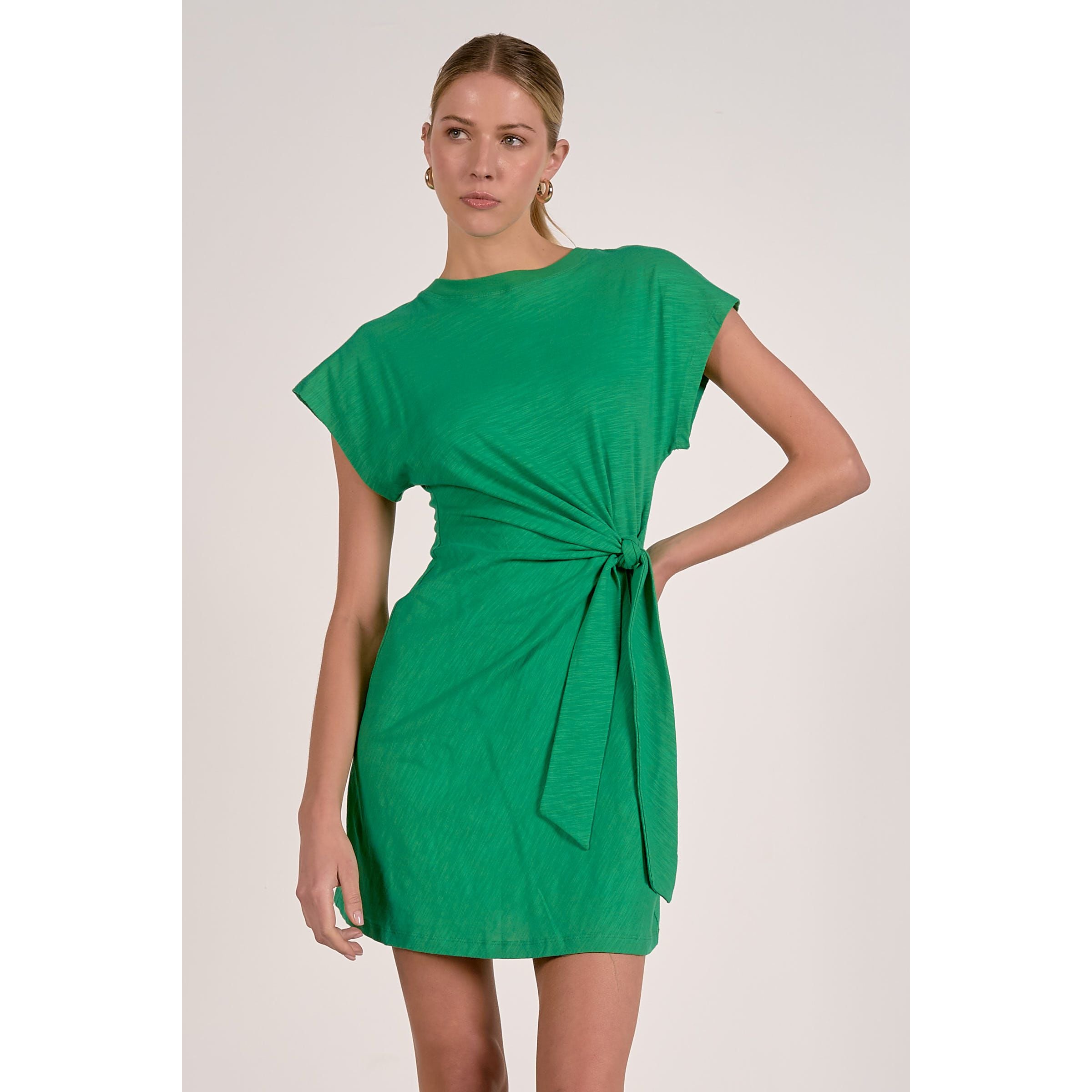 Elan Kinsley Dress displayed on a hanger, featuring a stylish design with elegant fabric and detailed stitching.