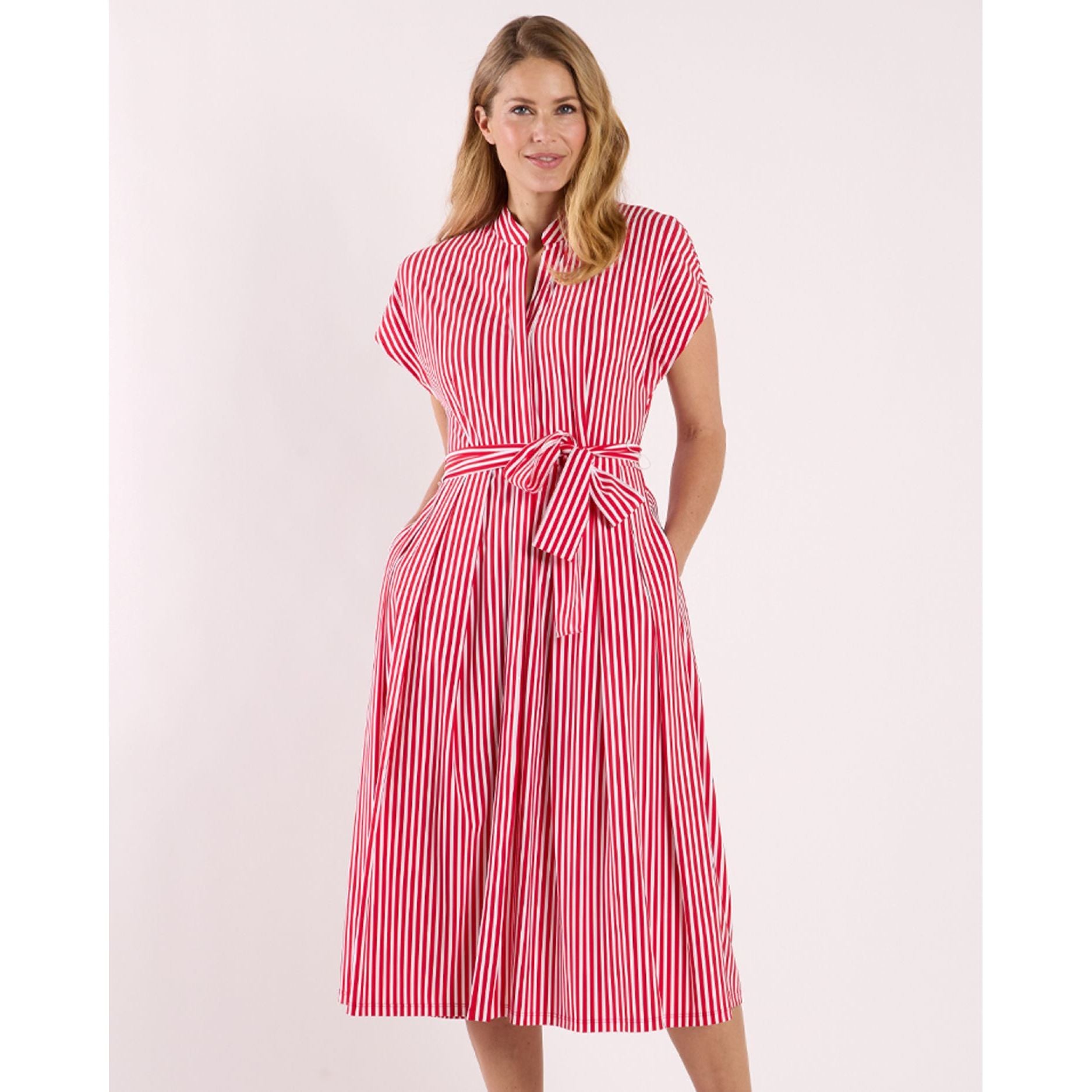 Matilda Dress red and white stripe midi, mandarin collar, cap sleeves, self-tie belt, pleated full skirt with pockets - Marj & Lizzie