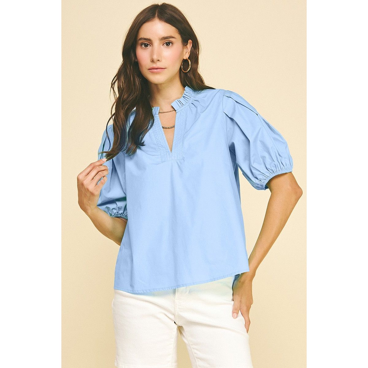 Pinch Denise Top in blue, V-neck woven top with urban style, casual fit, and textured fabric.