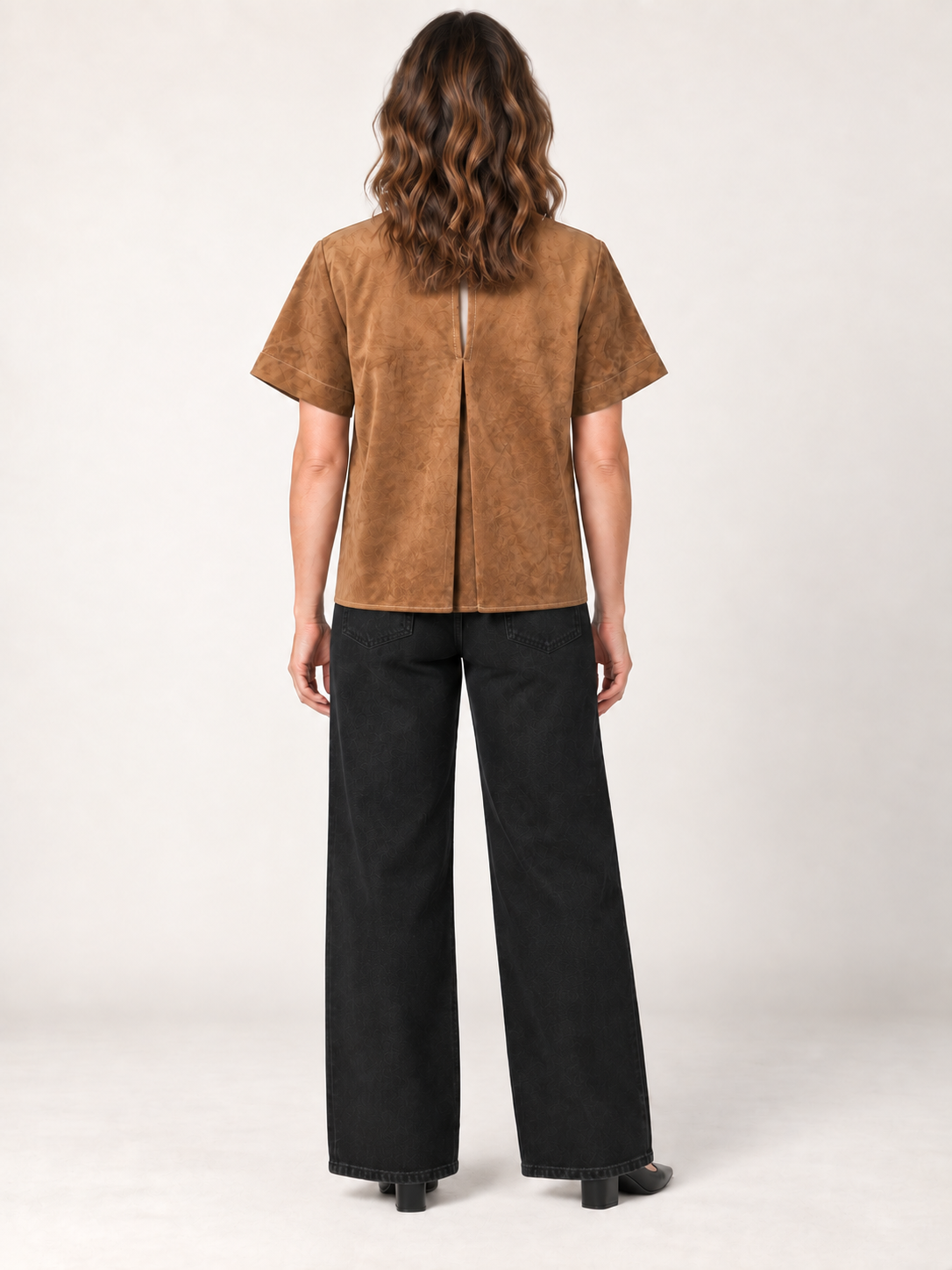 Juliette Top by Velvet Heart in light tan — faux suede relaxed-fit short sleeve top with contrast stitching, back view. Style # ZAA-25368