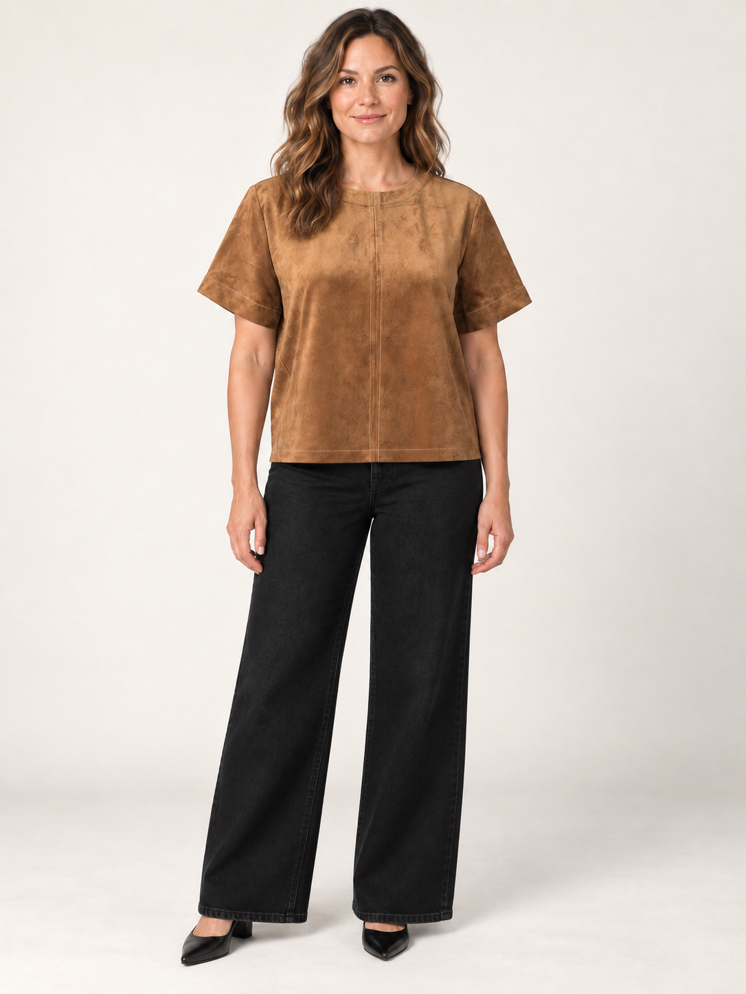 Juliette Top by Velvet Heart in light tan — faux suede relaxed-fit short sleeve top with contrast stitching, front view. Style # ZAA-25368