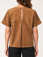 Juliette Top by Velvet Heart in light tan — faux suede relaxed-fit short sleeve top with contrast stitching, detail back view. Style # ZAA-25368