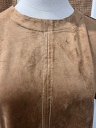 Juliette Top by Velvet Heart in light tan — faux suede relaxed-fit short sleeve top with contrast stitching, detail front view. Style # ZAA-25368