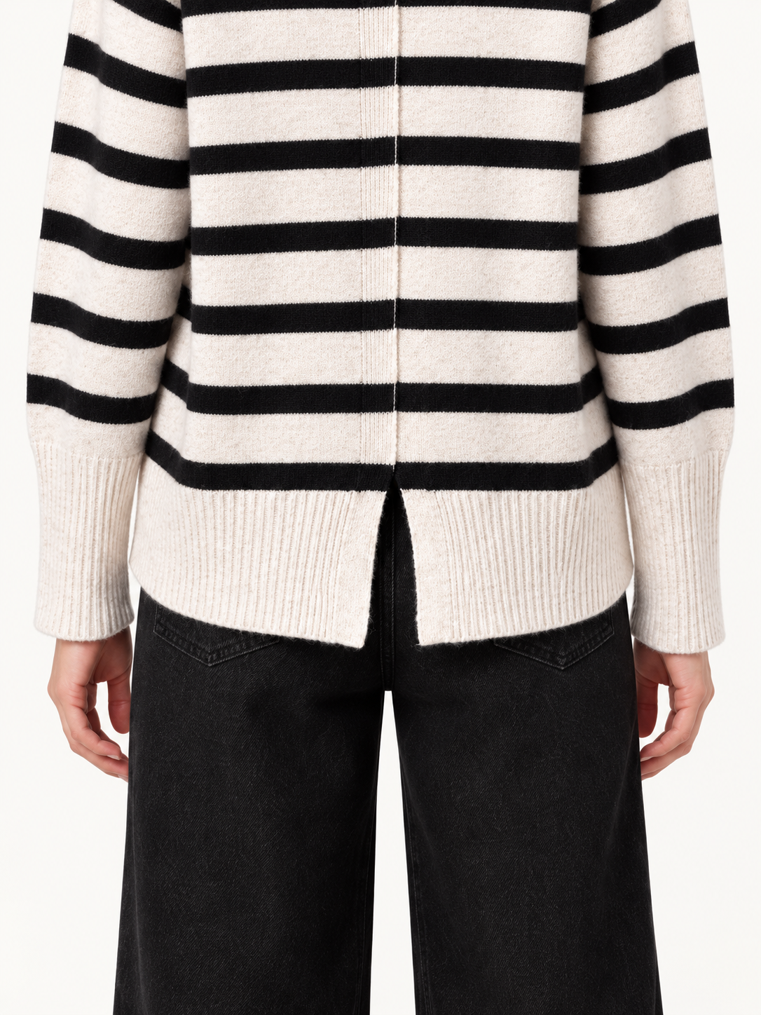 Parley Sweater by Velvet Heart in ivory and black stripe — fitted turtleneck with contrast stripe pattern, slit view Style# SCV-24800
