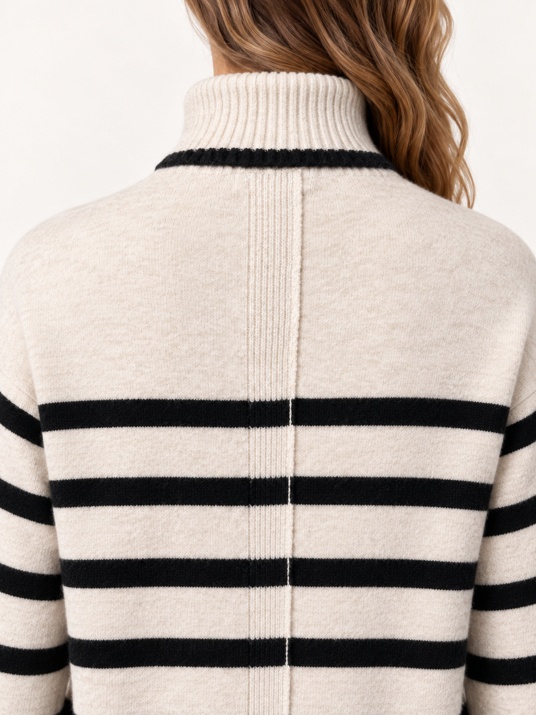 Parley Sweater by Velvet Heart in ivory and black stripe — fitted turtleneck with contrast stripe pattern, back zoom view Style# SCV-24800