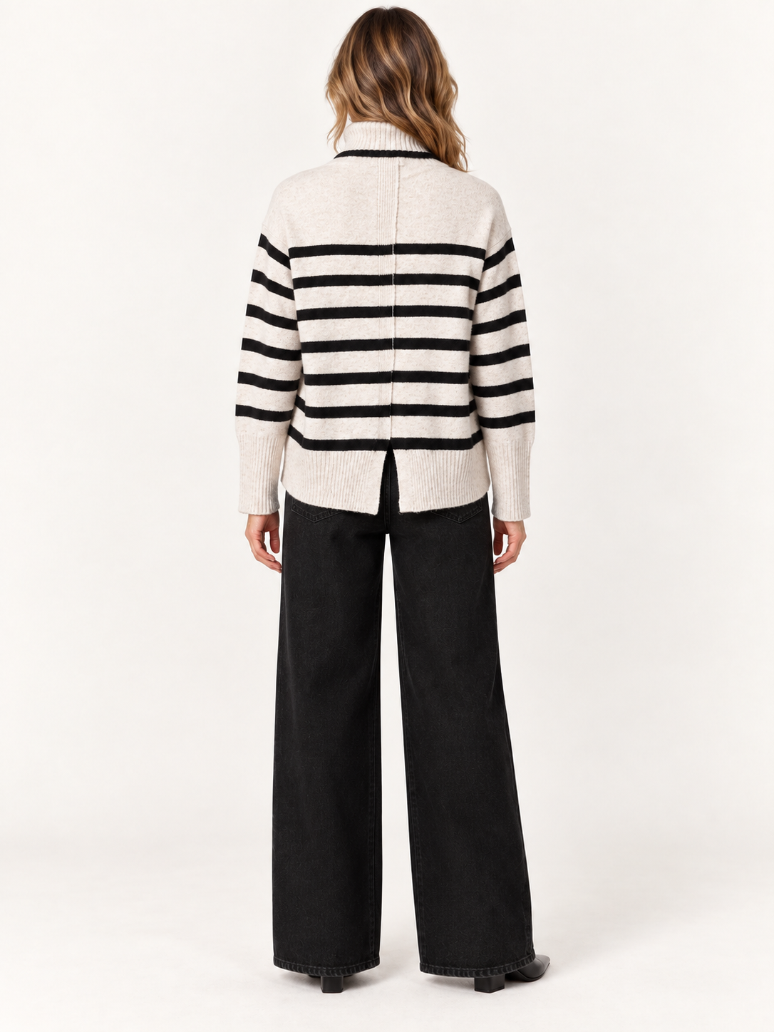 Parley Sweater by Velvet Heart in ivory and black stripe — fitted turtleneck with contrast stripe pattern, back view Style# SCV-24800