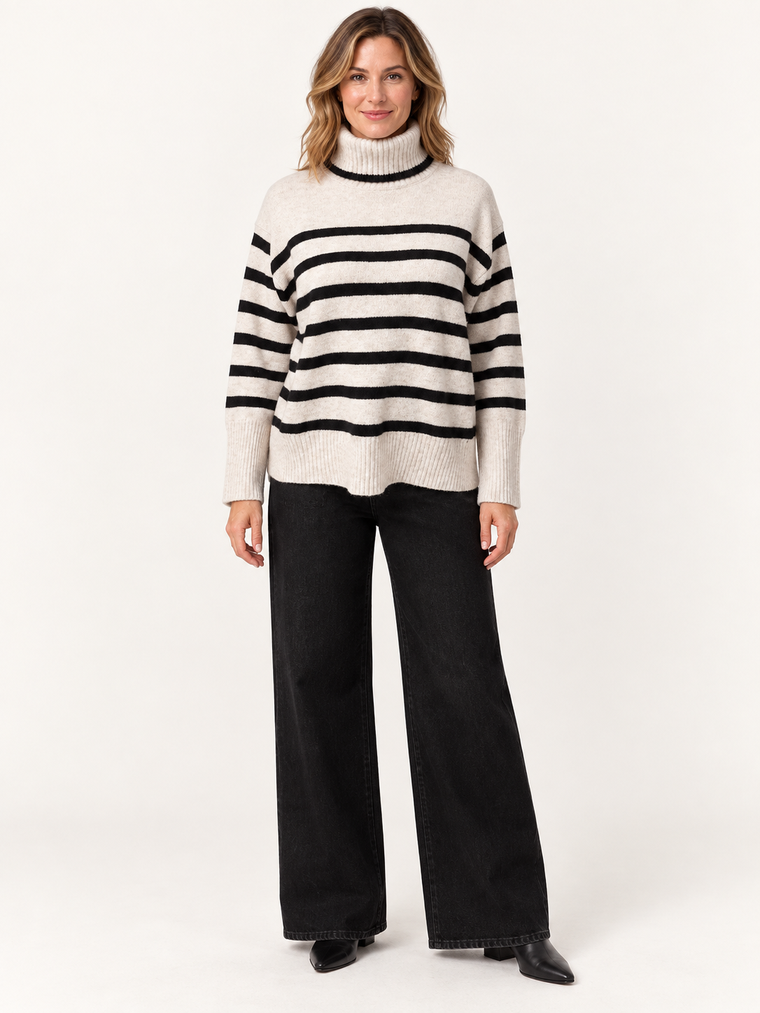 Parley Sweater by Velvet Heart in ivory and black stripe — fitted turtleneck with contrast stripe pattern, front view Style# SCV-24800