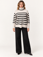 Parley Sweater by Velvet Heart in ivory and black stripe — fitted turtleneck with contrast stripe pattern, front view Style# SCV-24800
