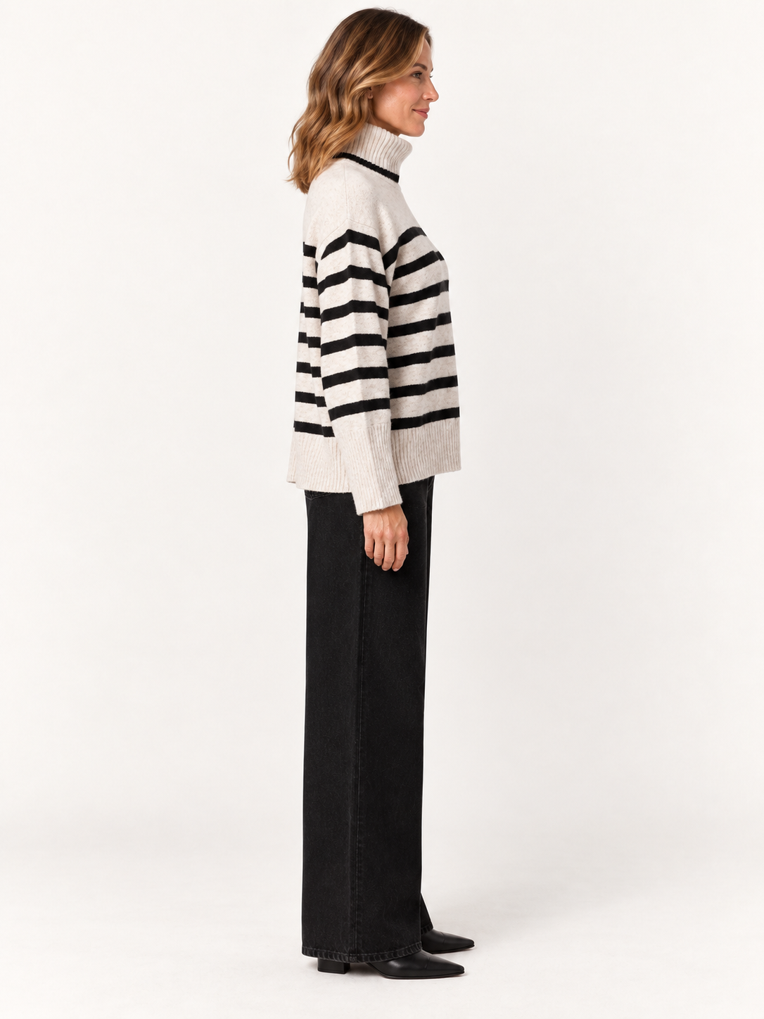 Parley Sweater by Velvet Heart in ivory and black stripe — fitted turtleneck with contrast stripe pattern, side view Style# SCV-24800