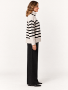Parley Sweater by Velvet Heart in ivory and black stripe — fitted turtleneck with contrast stripe pattern, side view Style# SCV-24800