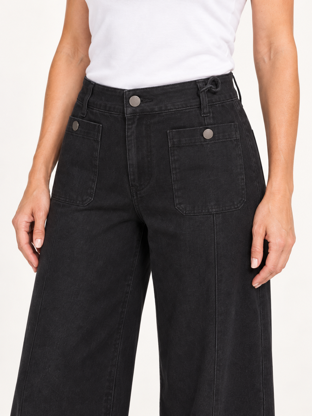 Saylor Pants by Velvet Heart in black washed cotton — wide-leg mid-rise silhouette with oversized pockets, detail view. Style# DET1-10192