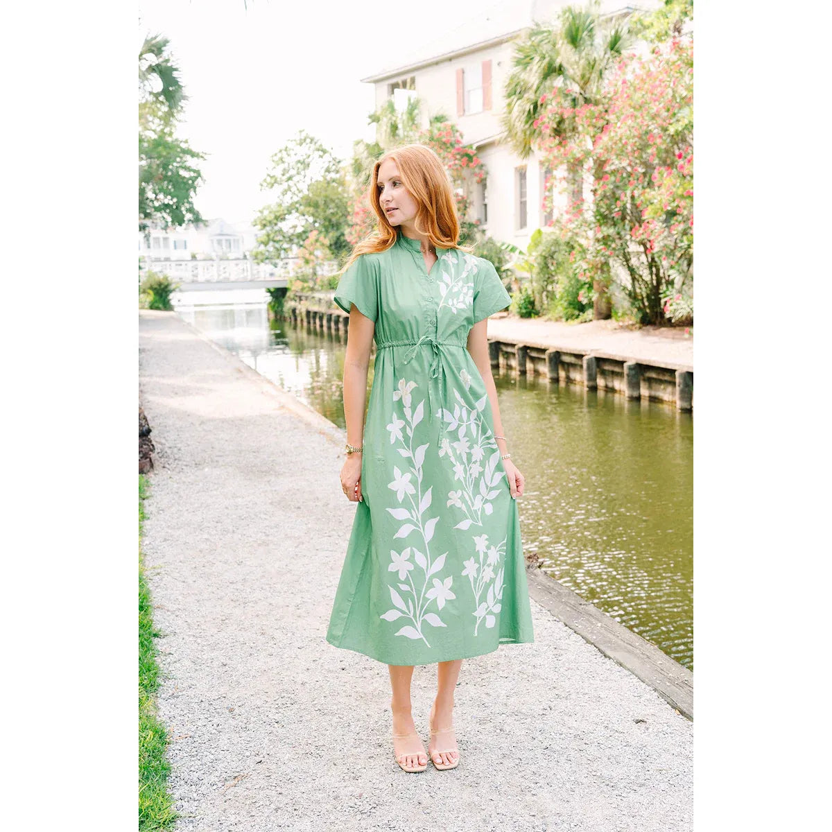 Hurley Dress sage green with white floral print, mandarin collar, flutter sleeves, drawstring waist, midi - Marj & Lizzie