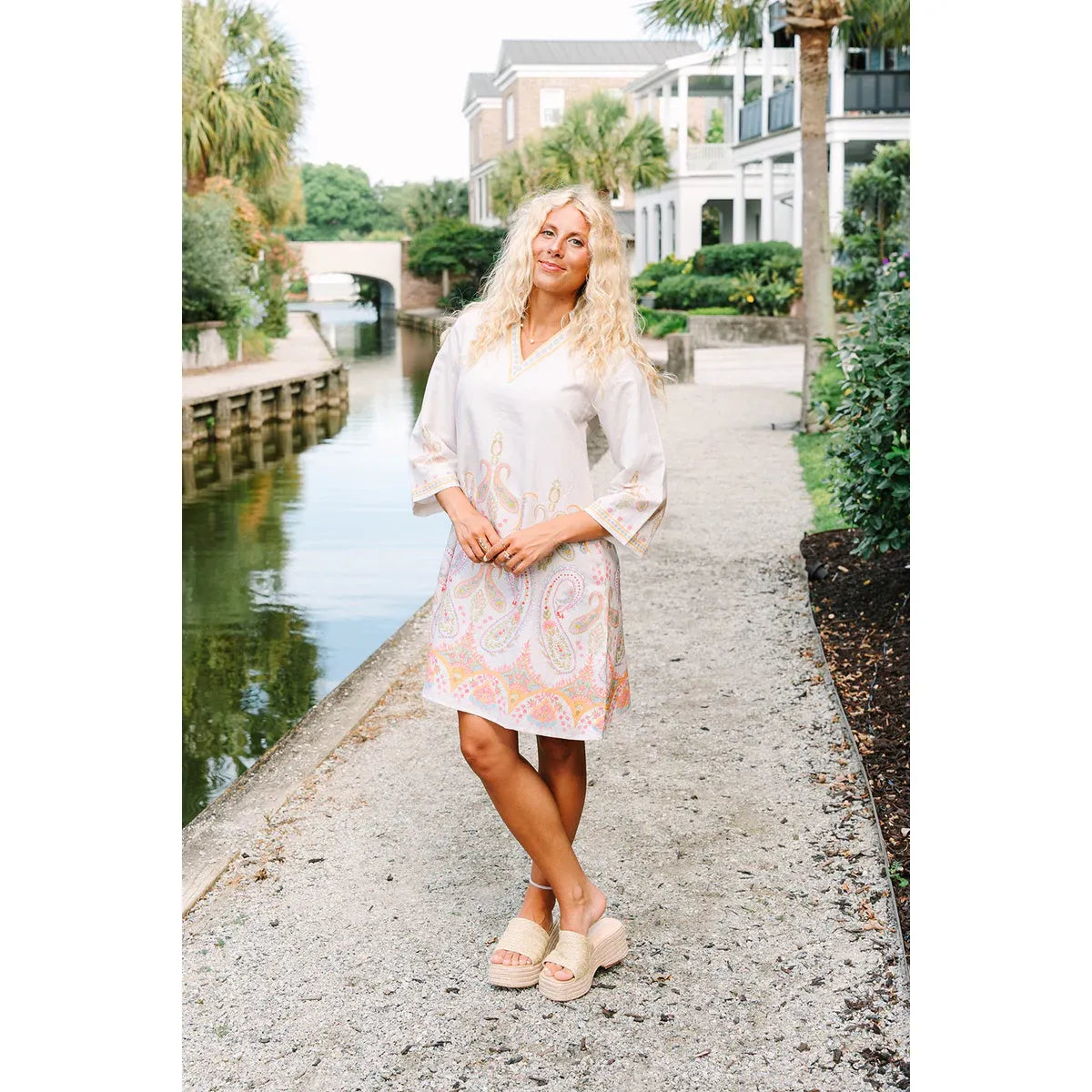Eloise Dress ivory with pastel paisley border print, v-neck, 3/4 bell sleeves, knee length - Marj & Lizzie