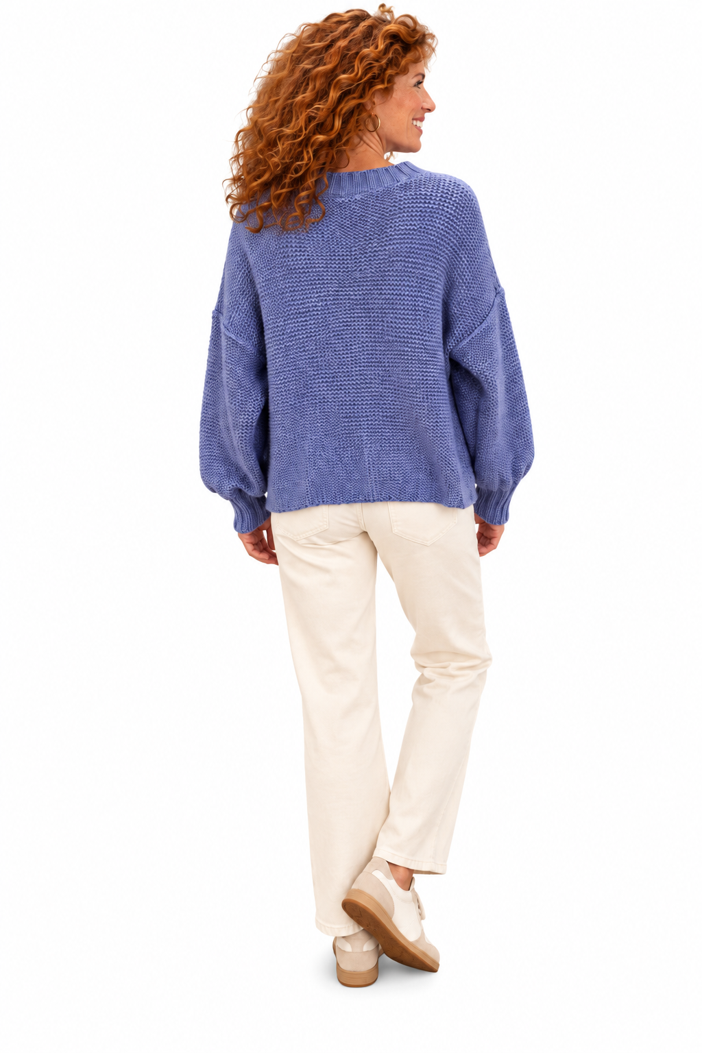 Aspen Sweater by Wooden Ships in Arctic Blue, back view showing chunky cable knit, crewneck, and cropped silhouette