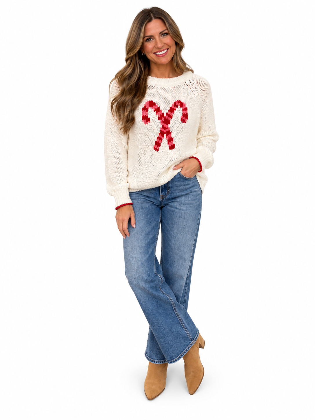 Candy Cane Sweater by Wooden Ships in white, front view with crossed red-and-pink candy canes and red cuff trim