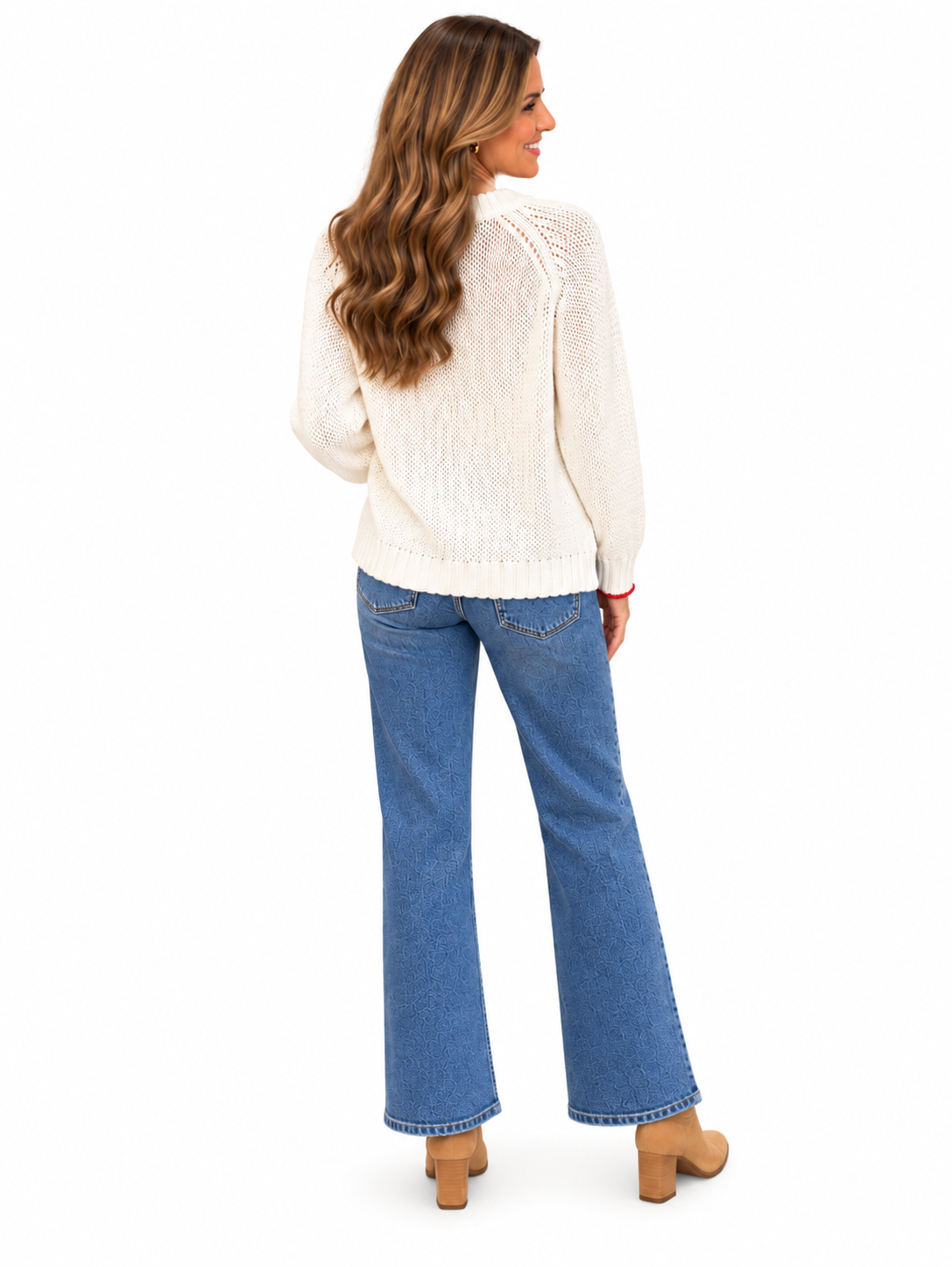 Candy Cane Sweater by Wooden Ships in white, back view with crossed red-and-pink candy canes and red cuff trim