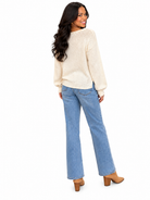Merry Sweater by Wooden Ships in Pure Snow, back view showing Arctic Pink Merry embroidery and long sleeves