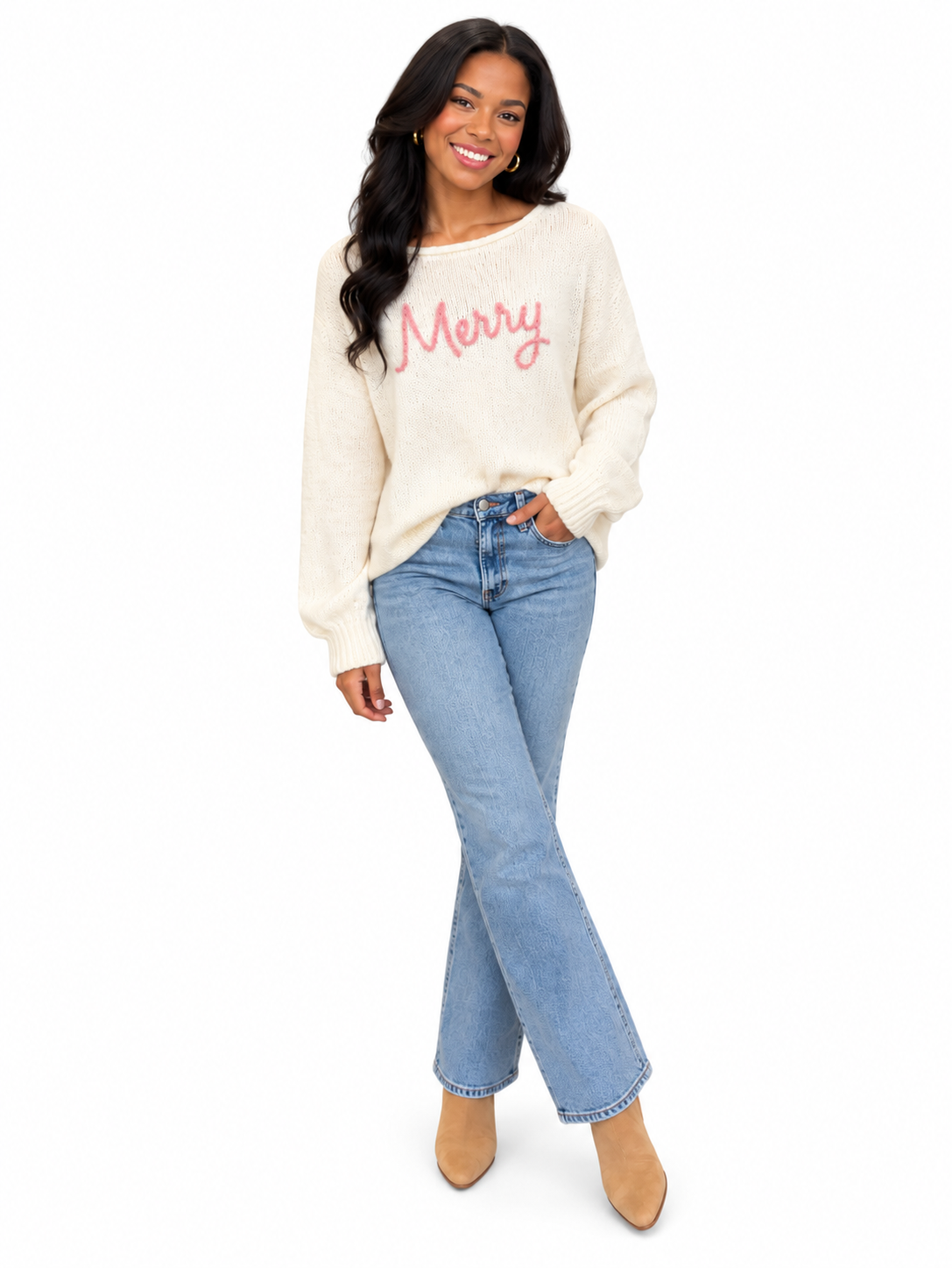 Merry Sweater by Wooden Ships in Pure Snow, front view showing Arctic Pink Merry embroidery and long sleeves