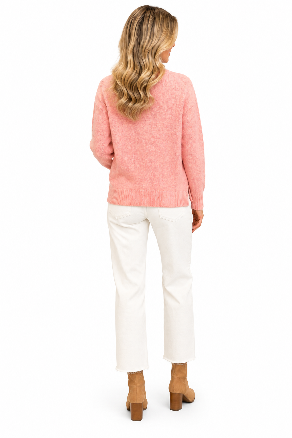 Merry Everything Sweater by Wooden Ships in Arctic Pink, back view with red car and stacked gift graphic