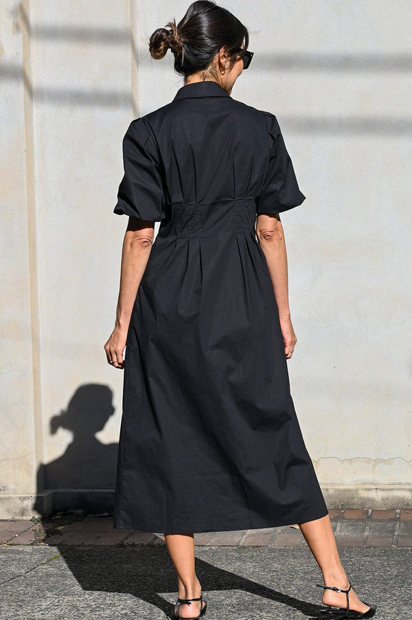 Axel Dress by Wyatt Wylde - black cotton maxi dress with pleated back bodice and full skirt, back view