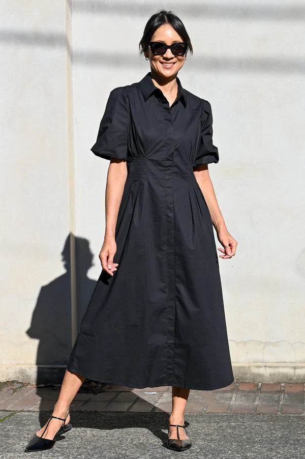 Axel Dress by Wyatt Wylde - black cotton poplin shirt maxi dress with puff sleeves and pleated skirt
