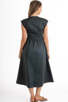 Noah Dress by Wyatt Wylde - olive green cap sleeve midi dress with gathered waist, back view