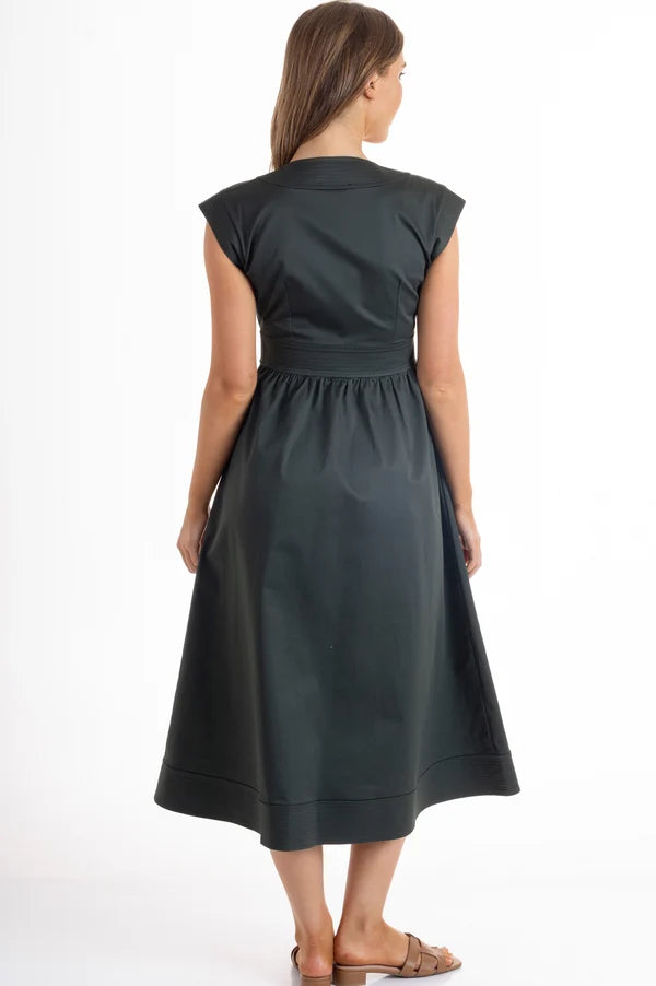 Noah Dress by Wyatt Wylde - olive green cap sleeve midi dress with gathered waist, back view