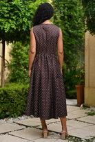 Julia Dress by Wyatt Wylde - brown spot cotton poplin midi dress, back view with drop waist