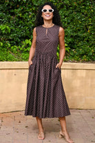 Julia Dress by Wyatt Wylde - brown spot cotton poplin midi dress with pockets, front view