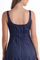 Orson Dress by Wyatt Wylde - navy polka dot maxi dress, back bodice detail with gathered waist